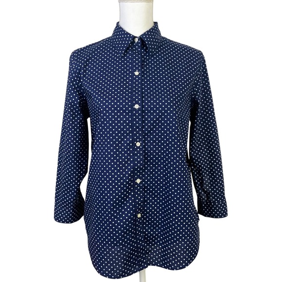 Lauren Ralph Lauren Non Iron Preppy Polka Dot Button Down Shirt Navy Blue Medium - Picture 1 of 8